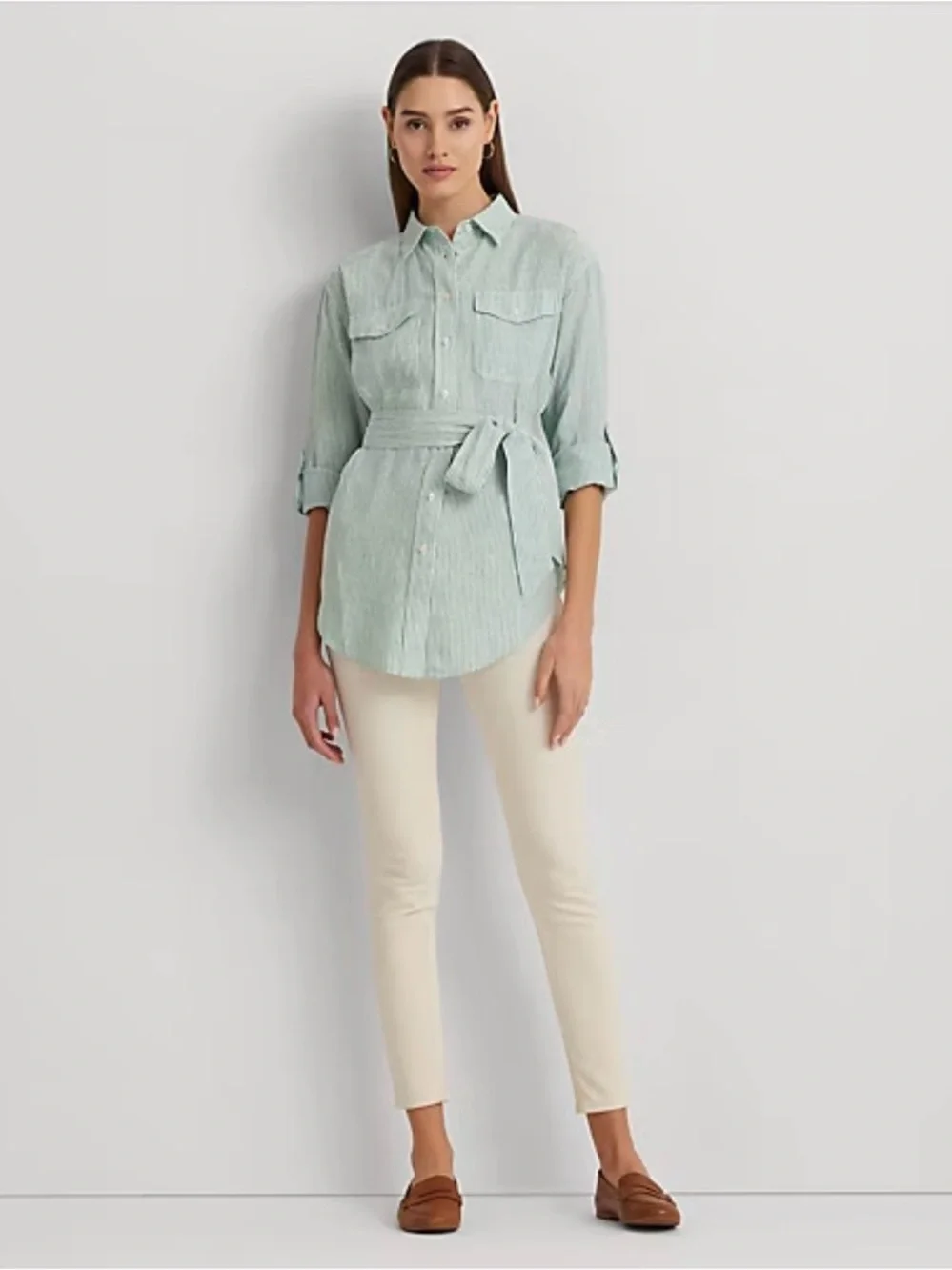 Ralph Lauren Relaxed Fit Striped Belted Linen Shirt NWOT Size Large